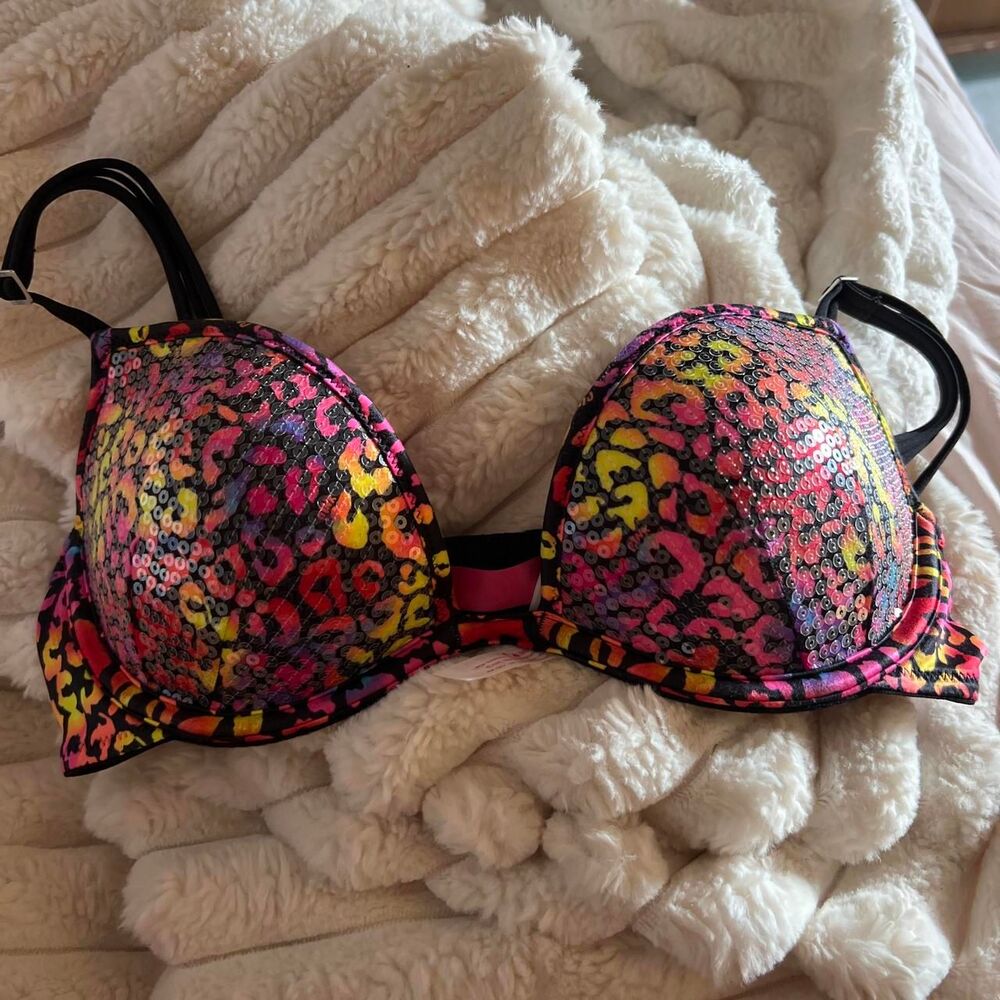 RARE Victoria Secret Pink rainbow cheetah print sequin push up bra